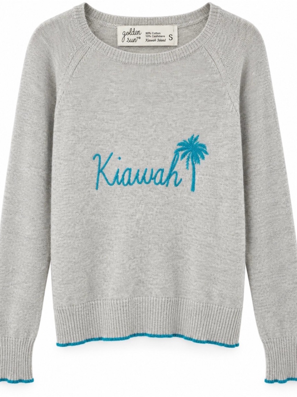 Golden Sun Kiawah Island Cashmere Sweater Gray Blue Palm Tree S/M
